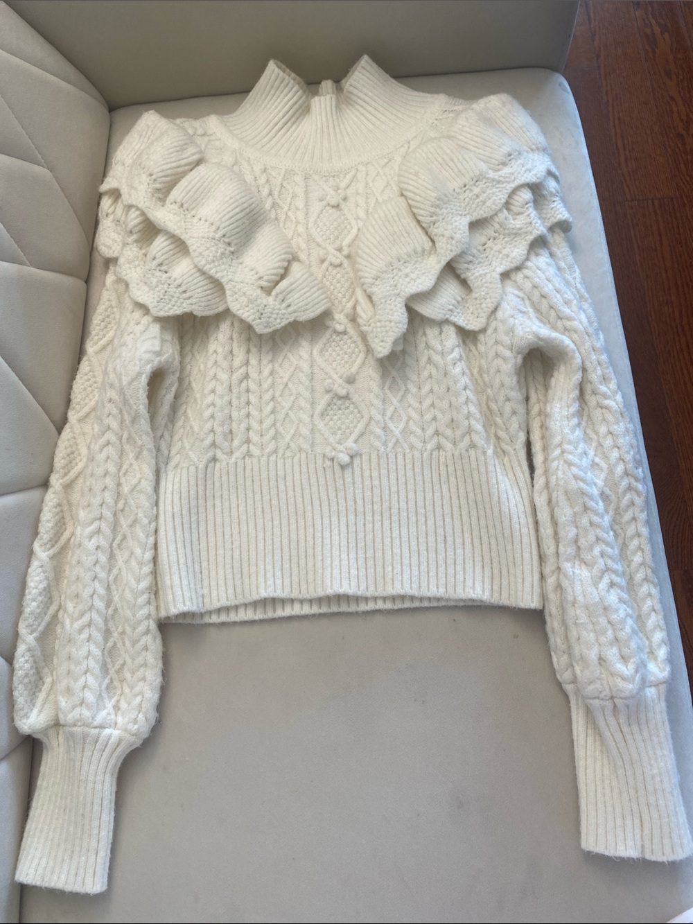 Cream Cable-Knit Ruffle Sweater